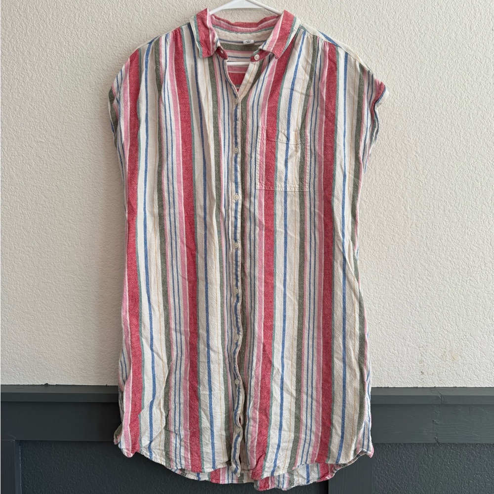 Striped Sleeveless Button Down Tunic Top Linen Look Size L